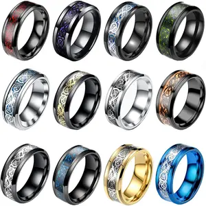 12 Pcs 8mm Stainless Steel Celtic Dragon Rings for Men Women Beveled Edges Black Carbide Wedding Band Set Sizes 7-11 Trendy Jewellery Accessories