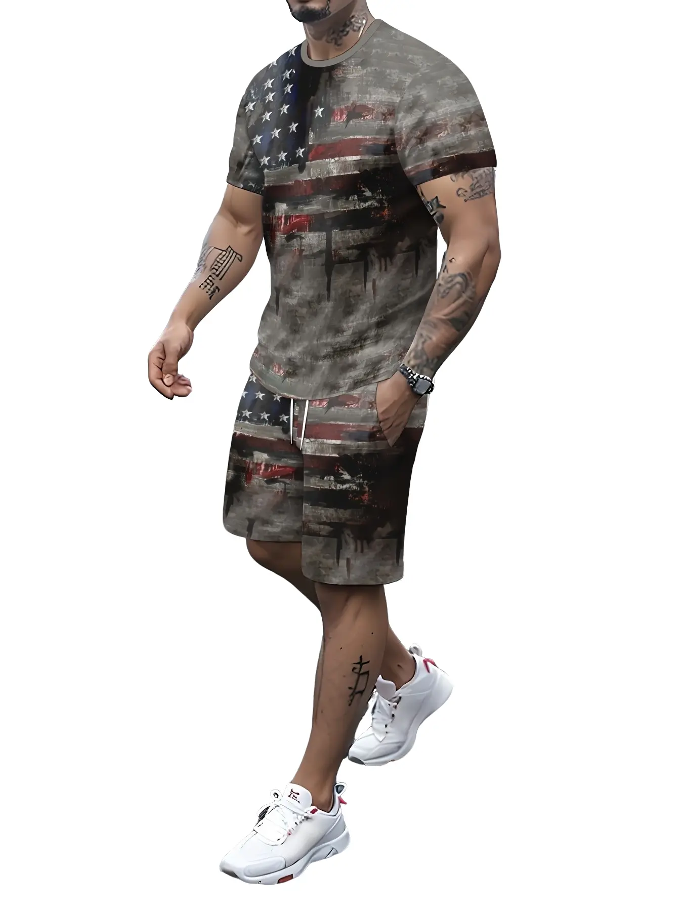 Men's '1776 We the People' Usa Flag Print T-Shirt & Matching Shorts Set, Casual Loose-Fit Two-Piece for All Seasons