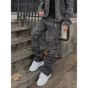 Men's Washed Solid Elastic Patchwork Slim Fit High Street Korean Style Denim Jeans Pants, Casual Friday Jeans, Casual Loose-Fit All Season Wear