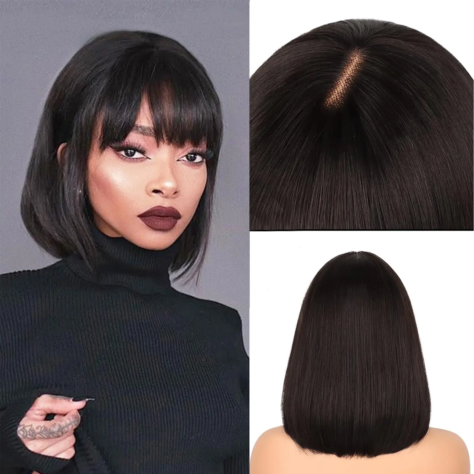 Datanala 3x1 Lace Top Bob Wig with Bangs Human Hair, Wear & Go Glueless Short Straight Bob Wig, Realistic Scalp Part, Beginner Friendly Quick Install Wig for Black Women