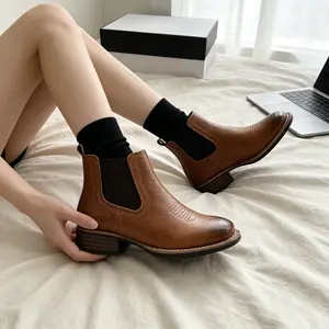 Women's Chelsea Boots Fashion Lug Sole Heel Slip on Elastic Ankle Booties Lovers shoes Camel