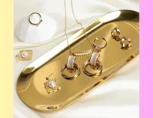 GLAZZLESIPPSCOMPANY Decorative Tray Stainless Steel, Gold, 9 Inch Long, Oval, Jewelry Dish Cosmetics Organizer Bathroom Clutter Serving Platter Large Storage Tray (1, Large)