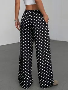 Women High Waist Drawstring Polka Dot Wide Leg Pants Loose Fit Casual Trousers