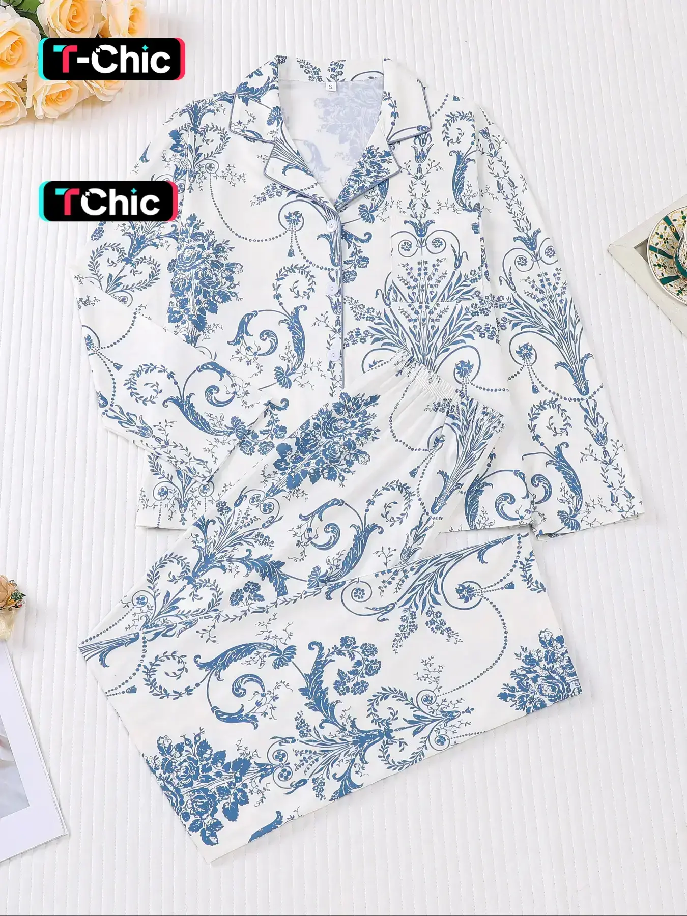 Women's Floral Print Long Sleeve Tee & Pants Pyjama, Casual Comfy Round Neck Top & Trousers PJ Set, Ladies Sleepwear for All Seasons, Loungewear, Soft Casual Pajamas