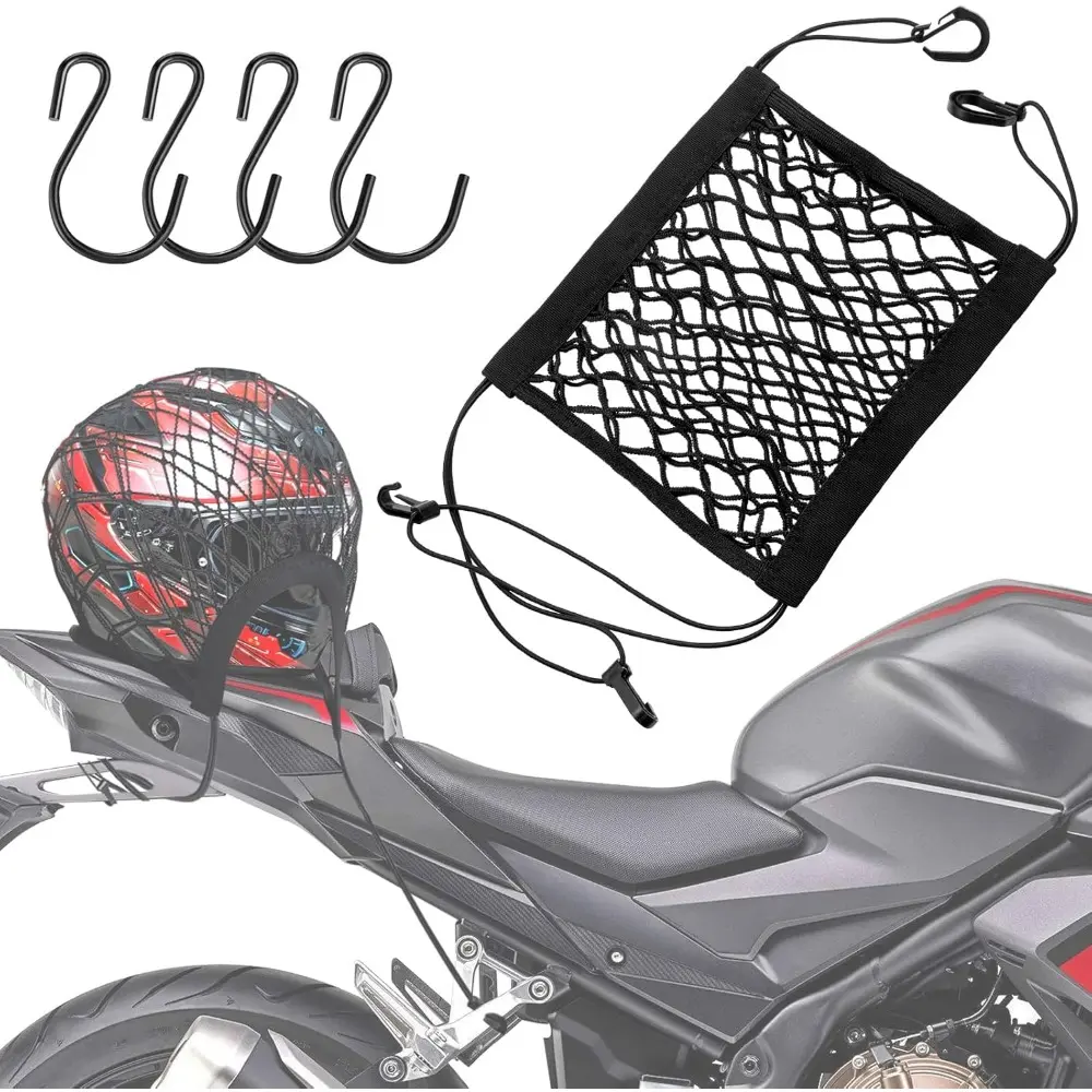 Upgrade Cargo Net For Motorcycle, Motorbike, Trike, Cycle Helmet Storage, 10"X11" High-Elastic Double Layer Bungee Net with 4 Strong Hooks, Luggage Strap Rack Expansion Organizer Net Pocket