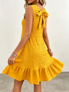 French Coquette Red Textured Back Bow Tie Sleeveless Summer Vacation Mini Dress Elegant Party Red Textured Back Bow Tie Waist-Cinched Sleeveless Dress Effortless Chic Red Textured Back Bow Tie Sleeveless Casual Everyday Dress