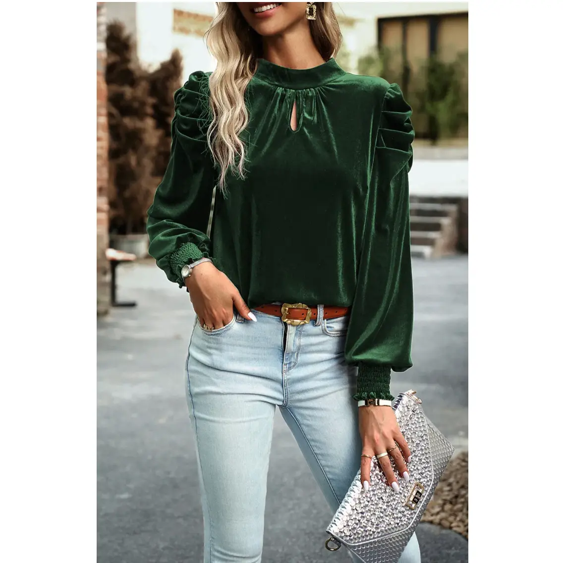 Green Mock Neck Puff Sleeve Velvet Blouse