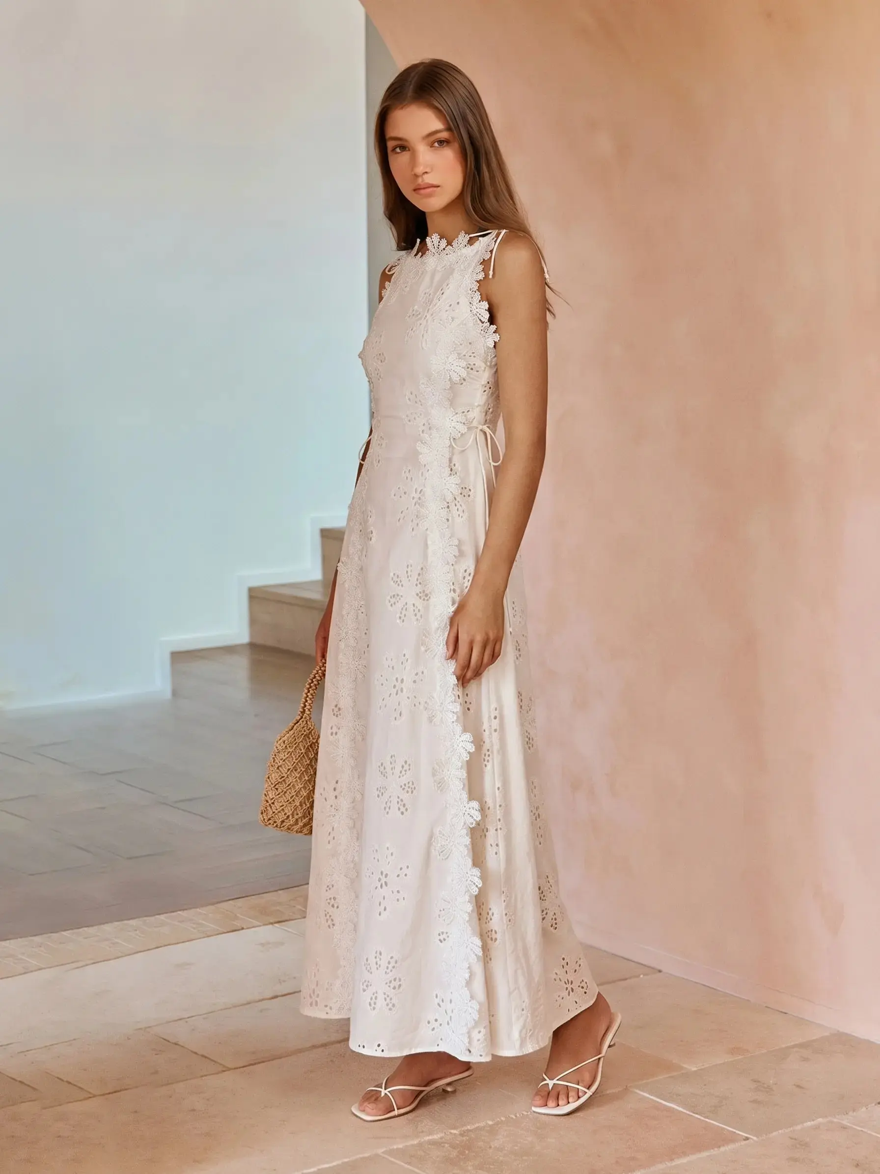 2026 Elegant Crochet Eyelet White Maxi Dress Halter Neck Sleeveless Bridal Shower Dress with 3D Floral Embroidery & Adjustable Straps - Beach, Fabric