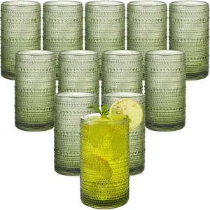 16oz Green Hobnail Drinking Glasses with Straws Set of 12, Highball Glasses Cups, Kitchen Water Glasses Cup, for , Juice, , Milk and Various  Drinks