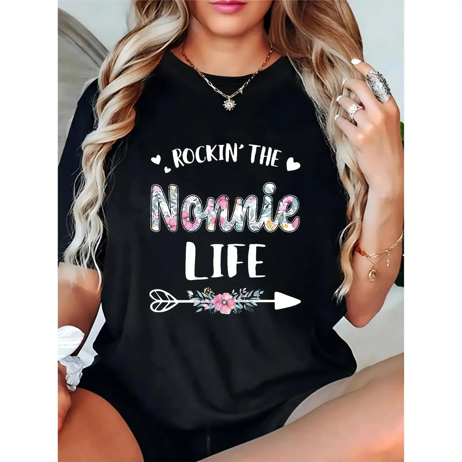Women's 'Rockin' the Nonnie Life' Graphic Tee, 100% Cotton Casual T-Shirt with Crew Neck, Lightweight Short Sleeve Gift for Grandma, Fit, Tshirt, Tops, Skirts