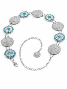 Vintage Western Round Statement Belt with Turquoise Stone Accents & Floral Medallions Boho Style Zinc Alloy Chain