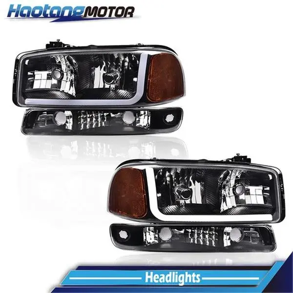 CROSSDESIGN Black LED DRL Headlamp Kit - 4PCS LED DRL Headlamps, Car Headlights, Vehicle Specific Fit for 1999-2007 GMC Sierra, 2000-2006 GMC Yukon XL 2500, Car Exterior Upgrade Replacement Assemblies