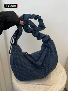 Retro plaid pleated large capacity underarm bag, Drawstring Crossbody Bag, pleated shoulder strap+drawstring detail design, soft silhouette comfortable without shoulder strain, can hold mobile phones, books, daily necessities, commuting