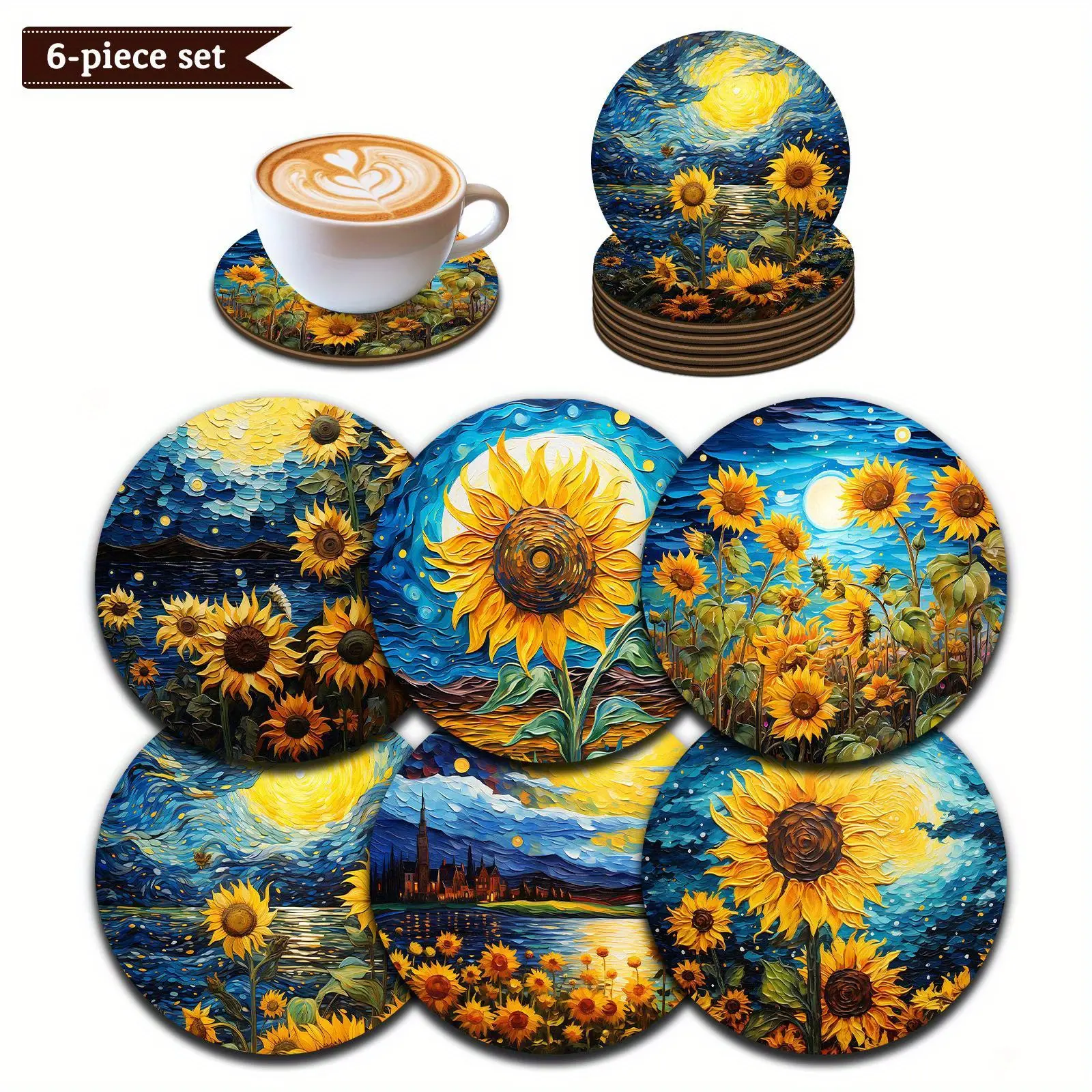 6pcs Sunflower Flower Wooden Coasters, Perfect for Home, Bar, and Office Gatherings, Cup Mats, Festival. Size 3.94inch x 3.94inch