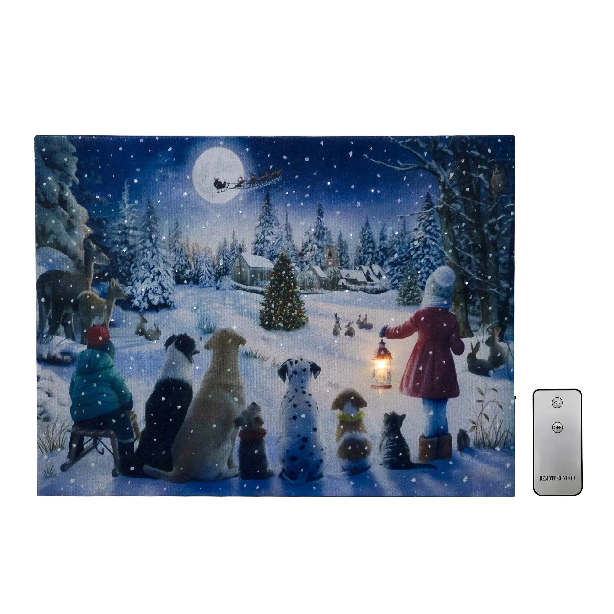 LumaBase Cordless Battery-Operated Lighted Canvas Print Wall Art - Christmas Room Decor, Light-Up Decorative Display Wall Arts with Amber & Cool White LEDs, Remote Control, Switch, Batteries (Tree-Inclusive Holiday Accent)