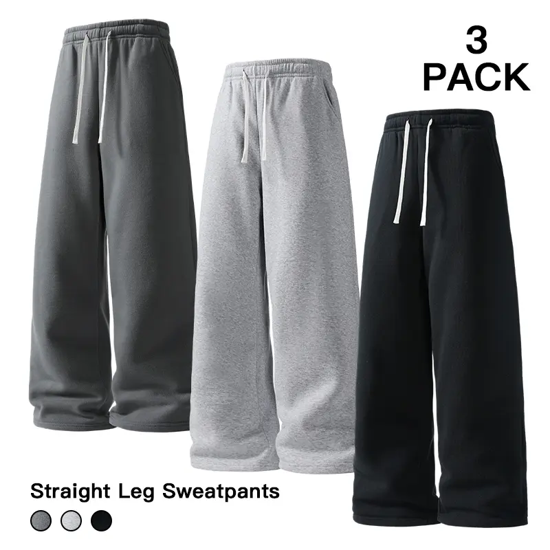 3‑Pack Men Straight Leg Sweatpants Dark Grey Heather Grey Black Loose Drawstring Jogger Pants For Streetwear Home Gym Daily Commute Outfit