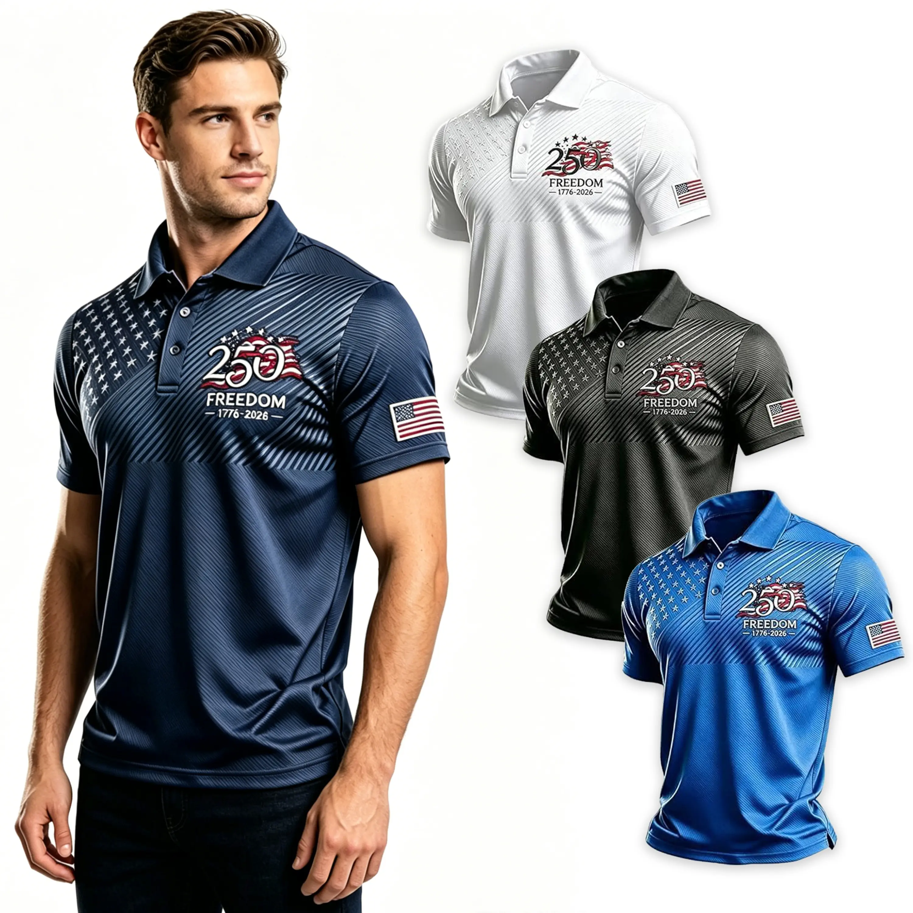 Men's American Flag Print Polo Shirt Casual Short Sleeve Polo Tee 250th Anniversary Freedom Commemorative 1776-2026 Patriotic Golf Tennis Shirt Breathable Lightweight Summer Top USA Independence Day Gift Sizes S-5XL