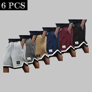 Men’s Casual Mid-Rise Knee-Length Plaid Shorts, 6-Pack, Loose Fit with Drawstring Tie, Suitable for Everyday Workouts,summervibes
