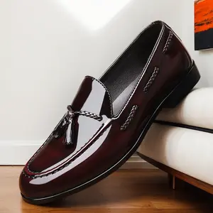 Men's Burgundy Patent Leather Tassel Loafers, Hand-Braided Slip-On Formal Dress Shoes82689
