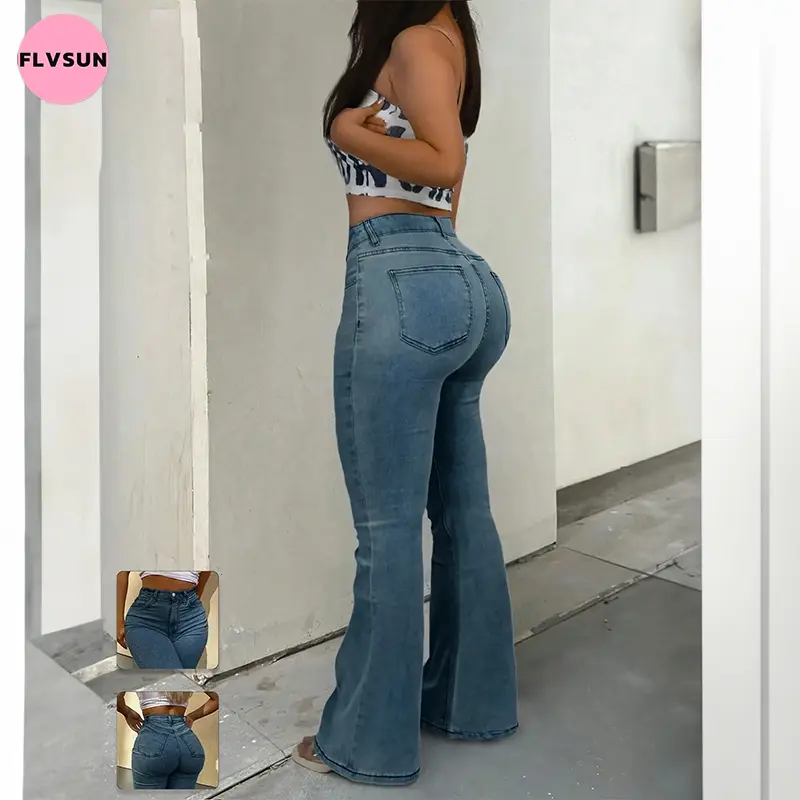 Flvsun Women's High-Rise Cotton Denim Bell Bottom Flare Jeans - Washed, Button Fly, Pocket Design, Casual Streetwear Trouser, Work Wear (Low-Waist Flared Skinny Variant Available), Bell Bottom Jeans, Outdoors, Low Waist Jeans