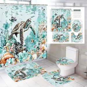 4pcs Marine Serenity Shower Curtain Set - Artistic Sea Turtle Design with Vibrant Coral Reefs, Seashells & Tropical Fish - Complete Bathroom Accessory Collection with Matching Toilet Covers & Bath Mats - Perfect for a Tranquil Coastal Retreat