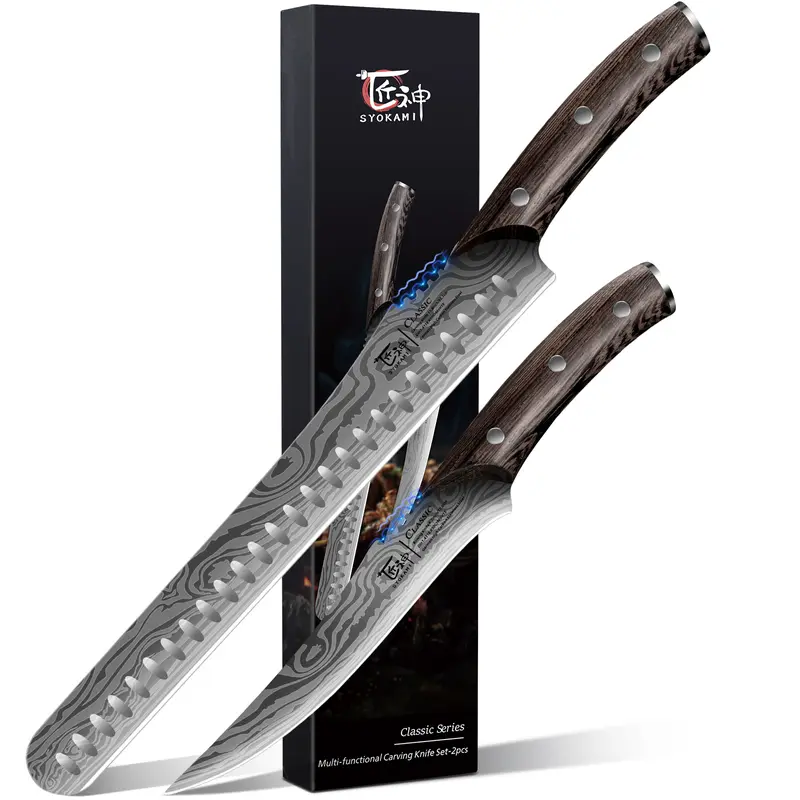 SYOKAMI Classic BBQ Carving Knives Set - 6.7in Flex Boning & Brisket Slicing Knives, Razor Sharp Japanese High Carbon Steel Carving Tool, Hollow Dimples, Ergonomic Full Tang Wood Handle, 56+ HRC Edge Hold, Wet-Grip Gear Teeth, Gift-Box Ready for Birthdays