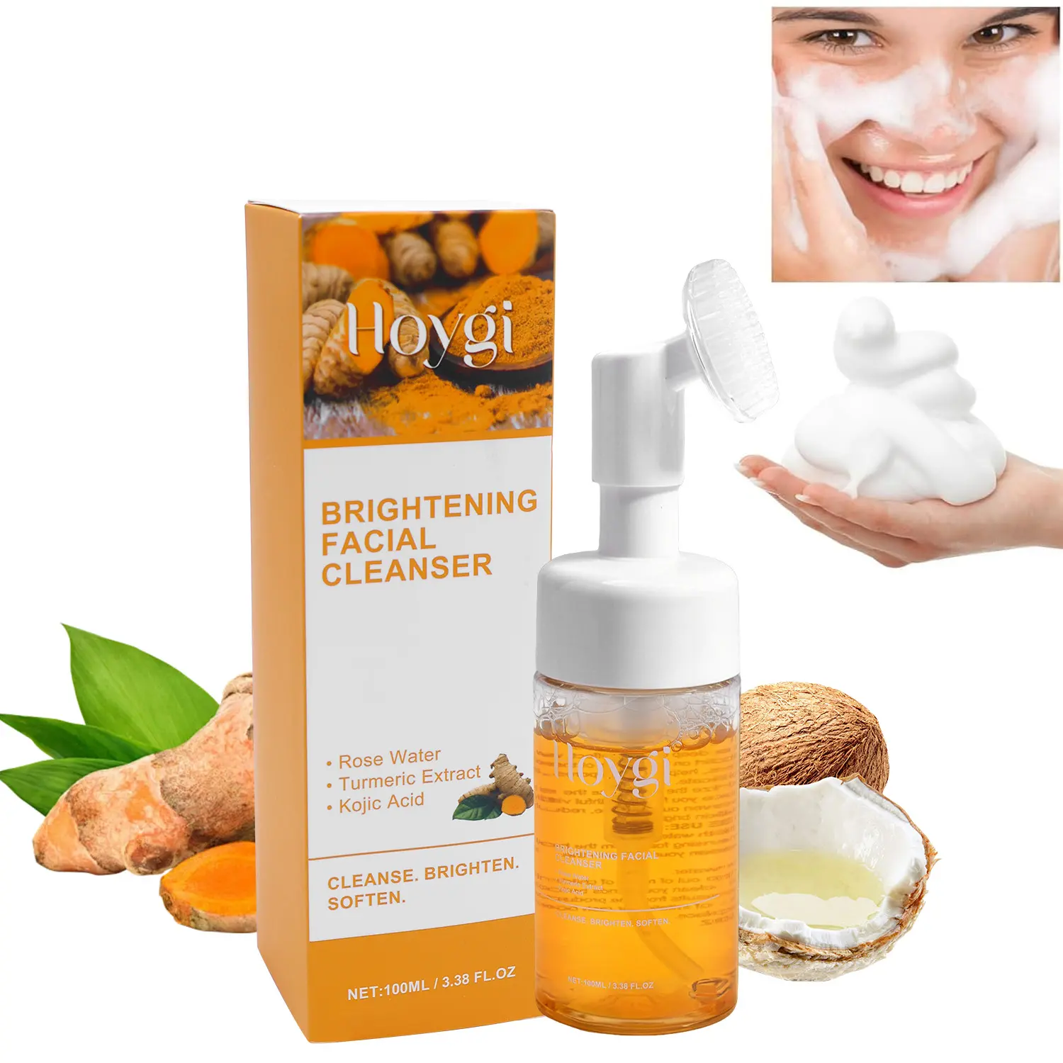 HOYGI Turmeric Face Wash with Brush, Turmeric Foaming Facial Cleanser for All Skin, 3.38 Fl Oz/pcs