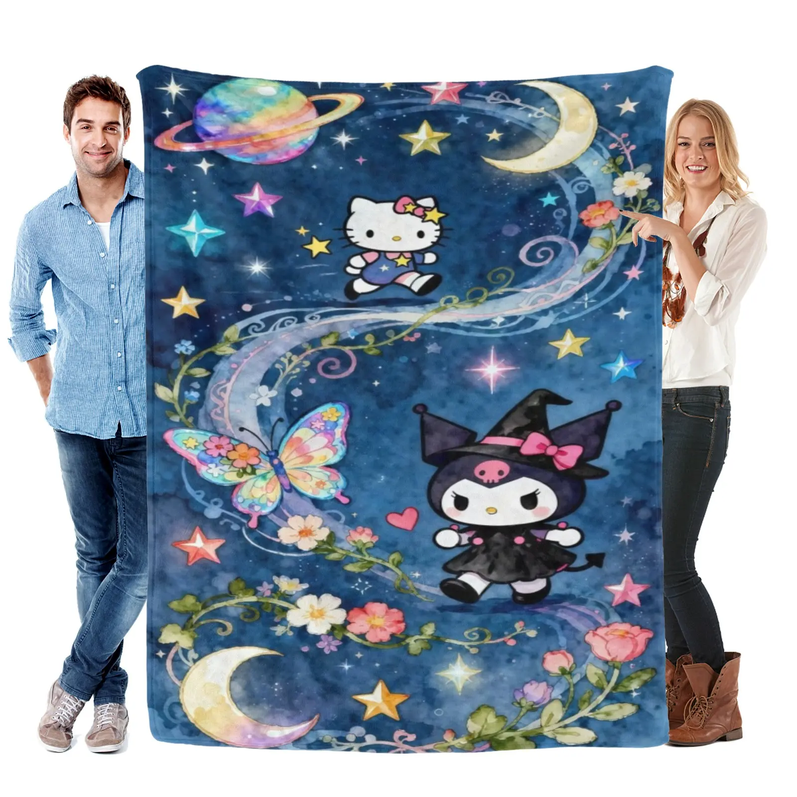 Sanrio Witch Kuromi Hello Kitty Galaxy Blanket, Ultra Soft Flannel Sanrio Blanket Kuromi Stuff For All Sanrio Fan Holiday Presents