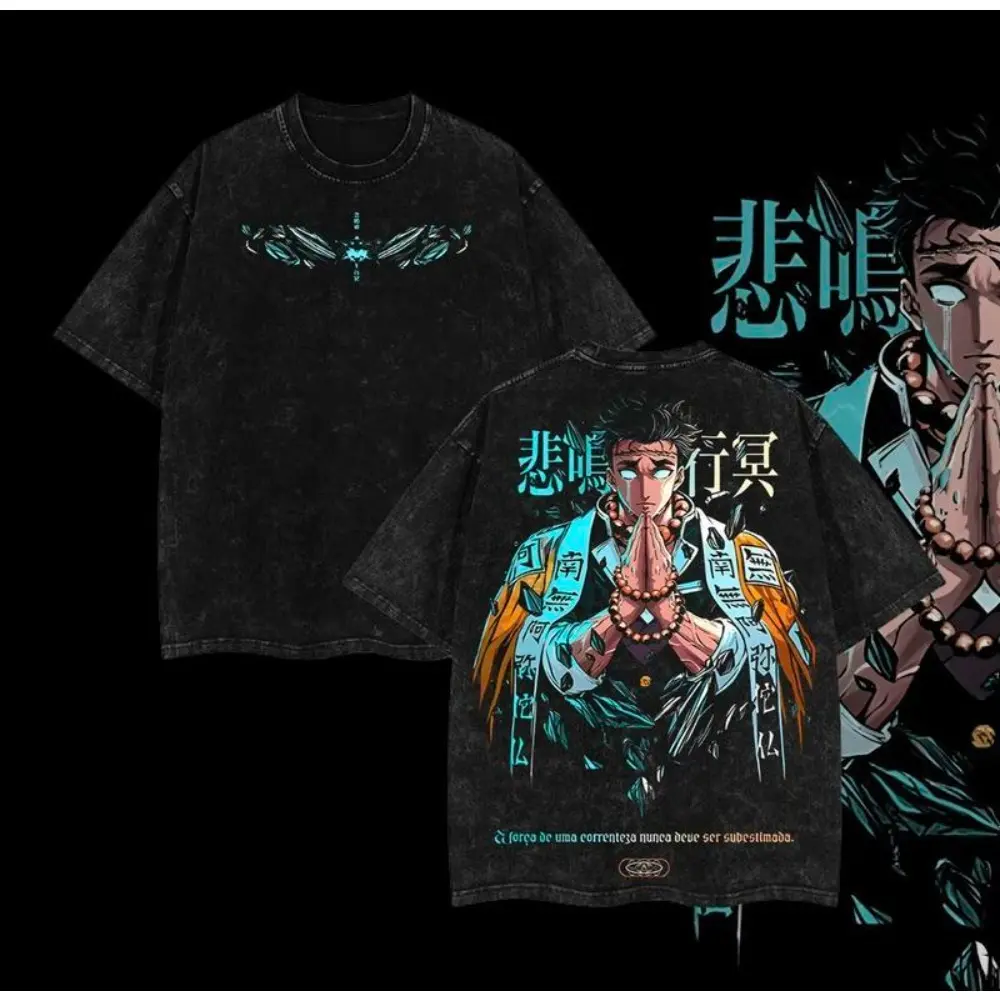 Demon Slayer Graphic T-Shirt, Acid-Washed Streetwear Top with Gyomei Himejima Double-Sided Print, Short Sleeve Crew Neck