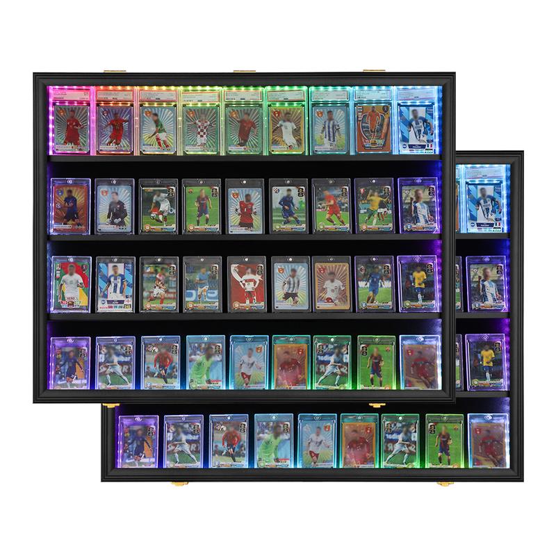 IHEIPYE LED Baseball Card Display Case 36 Graded Sports Card Frame with UV Protection Clear View Lockable Wall Cabinet for Football Basketball Trading Cards Horizontal Wood