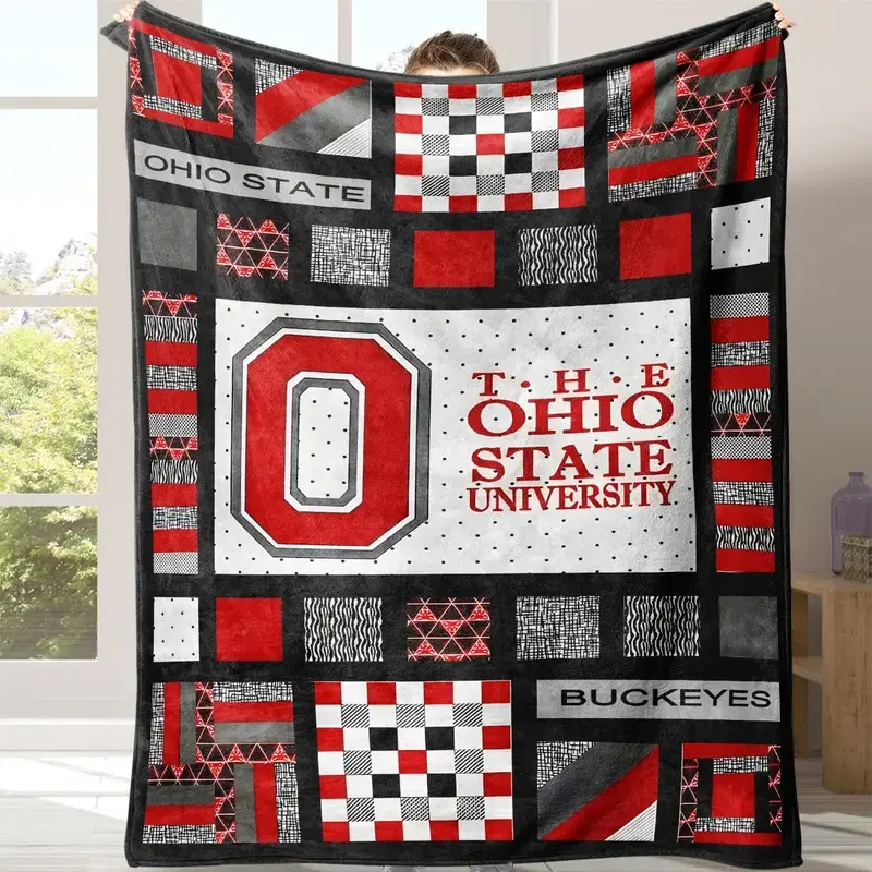 Ohio State Potato Team Fleece Throw Blanket, Bold Mascot & Official Sports Logo Design, Black Red Accent Soft Polyester Warm Blanket, Ideal Fan Gift for Bed Sofa Game Day Watching