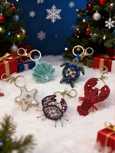 Sparkling diamond studded fashionable and exquisite marine creature bag hanging, with starfish, scallop, turtle, lobster and crab shaped decorations, cute atmosphere keychain decoration, can be given to friends
