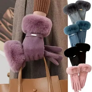 Women's Extreme Cold Weather Gloves - Non-Slip Windproof Winter Gloves with Plush Rabbit Fur Cuffs & Golden Metal accents, Soft Pink/Purple/Blue/Black - Elegant Riding, Driving, Outdoor Gloves for Everyday & Formal Events - Machine Washable Luxury Cold We