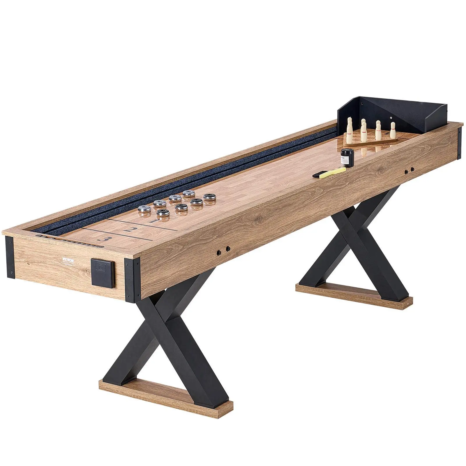 VEVOR Shuffleboard Table,  9 ft Shuffleboard for Family Game Rooms, 2 in 1 Shuffleboard and Bowling Combo Game Set, with Scratch-Resistant Playfield, Legs, 8 Pucks, Bowling Set, Wax, and Table Brush#BackToSchool