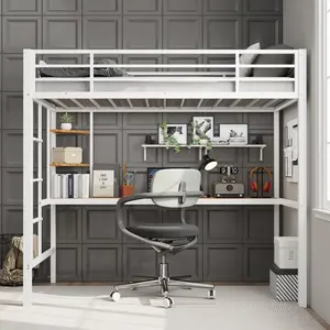 Twin Size Metal Loft Bed with Large Desk and 2-Tier Storage Shelves – Heavy-Duty Steel Frame, Safety Guardrail, Ladder – Space-Saving for Kids and Adults
