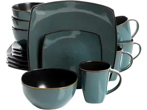 Gibson Overseas Soho Lounge 16-Piece Soft Square Dinnerware Set, Teal Green