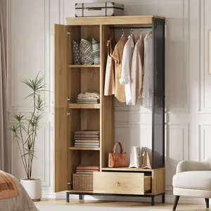 Garvee 78.9" Armoire Wardrobe Closet with Shelves and Hanging Rod, Large Fixed Compartment for Bedding & Luggage, Open Design of the Hanging Area, Metal Frame Wardrobe Cabinet for Bedroom, 1 Drawer, Natural