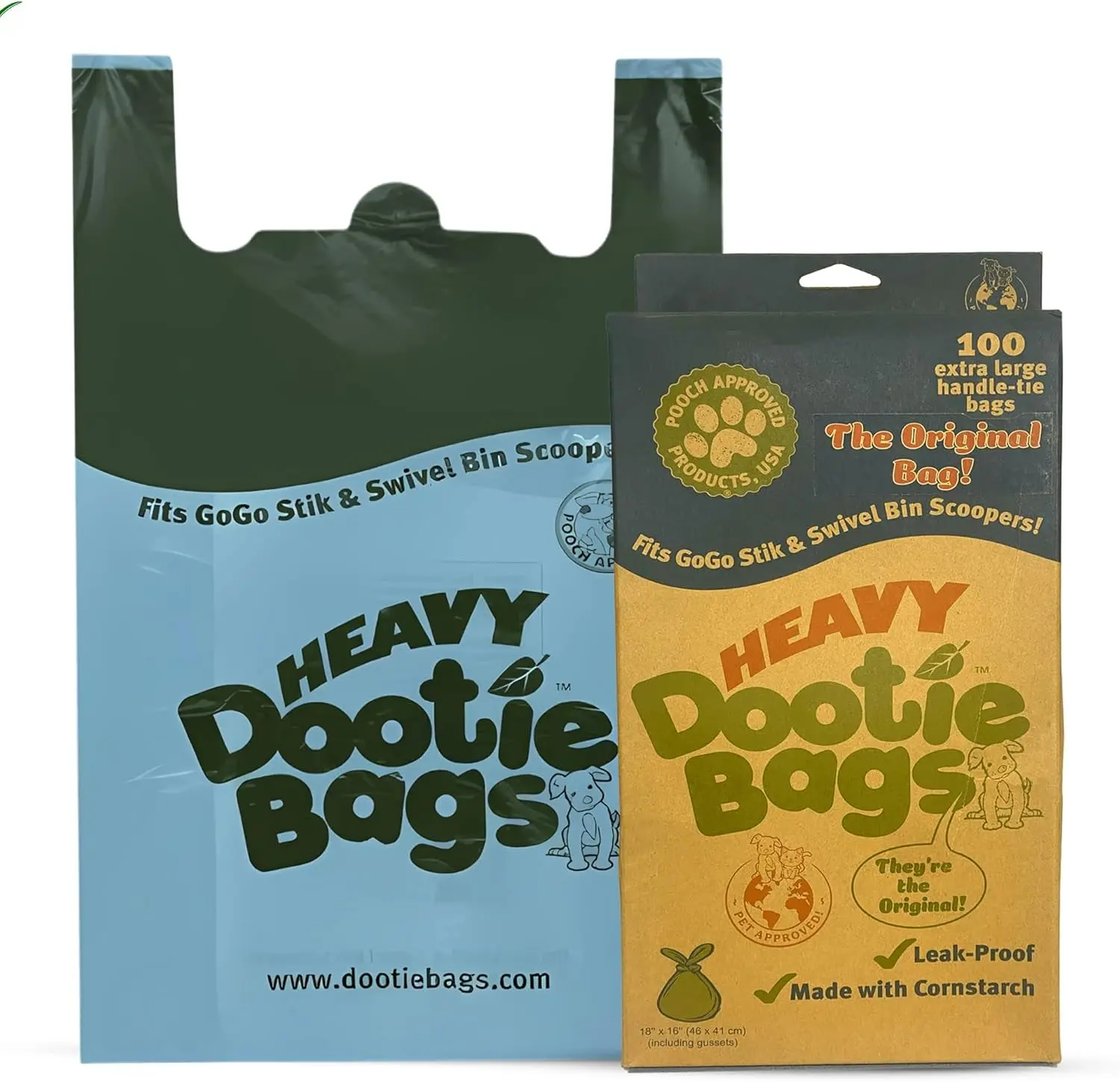 Cornstarch Pet Poop Bags with Easy Tie Handles, 100 Count, 18"x11"x5", 2.8-Gal Heavy-Duty Quick Dispensing Bags, Leakproof Mess-Free for Dog Waste & Swivel Bins with Scoopers