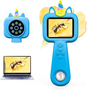 Children's microscope, suitable for outdoor portable pocket microscopes, 2-inch screen -200x magnification, mini handheld microscope, 3-level dimming, suitable for Christmas and birthday gifts, exquisite packaging, suitable for gift giving