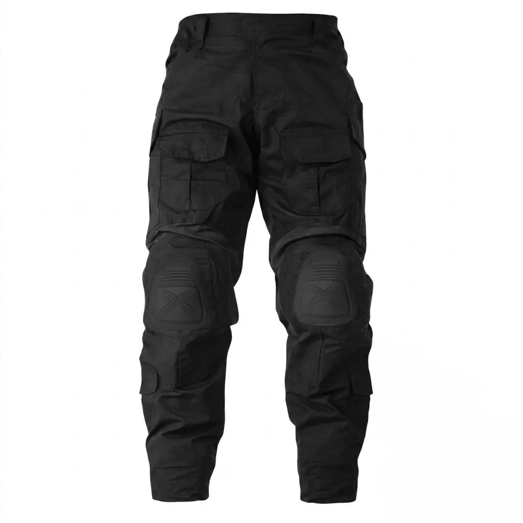 Men's Outdoor Ripstop Cargo Work Pants with Knee Pads ,10 Pockets Waterproof Hiking Pants Black Menswear Trouser