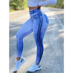 Women's High-Stretch Denim Print Leggings Ultra Comfortable Tummy Control for Yoga High Rise Waist Daily Wear Fashionable Active