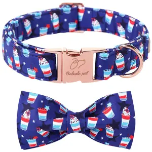 Babole Pet Patriotic 4th of July Dog Collar with Bow Tie - American Flag Blue Star Sundae Summer Bowtie Collar for Small Medium Large Dogs
