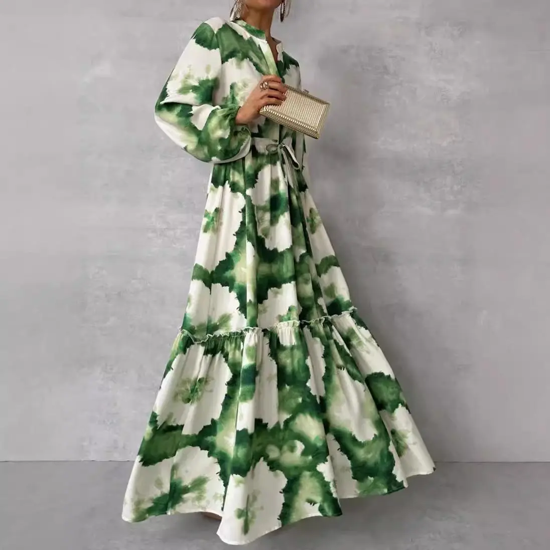 2025 Summer Elegant Women Maxi Dresses Fashion Green Print Long Sleeve V  Neck Waist Adjustment Long Dress Female Party Vestido - TikTok Shop