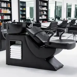 Shampoo Bowl and Chair Set for Salon, Hair Washing Station with ABS Sink & PU Leather Chair, Ergonomic Chair with Neck Rest, Side Storage, Hot/Cold Faucet & Sprayer for Spa Barbershop Beauty, Black