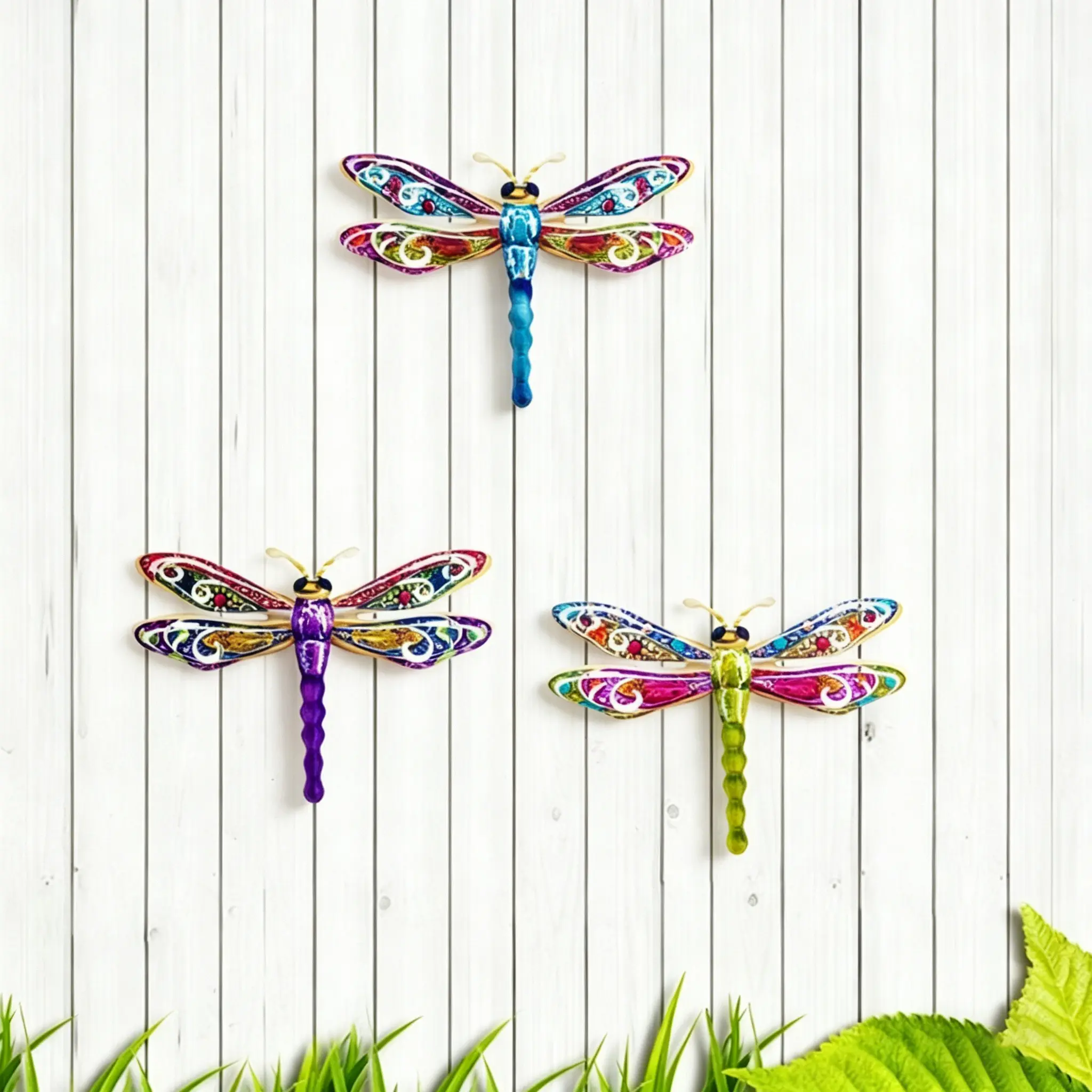 3 Pack Colorful Premium Iron Metal Dragonfly Decorative Wall Art Decor, Outdoor Garden Hanging Sculptures, Garden Accessories, Weatherproof, Ideal Gift for Garden Lovers