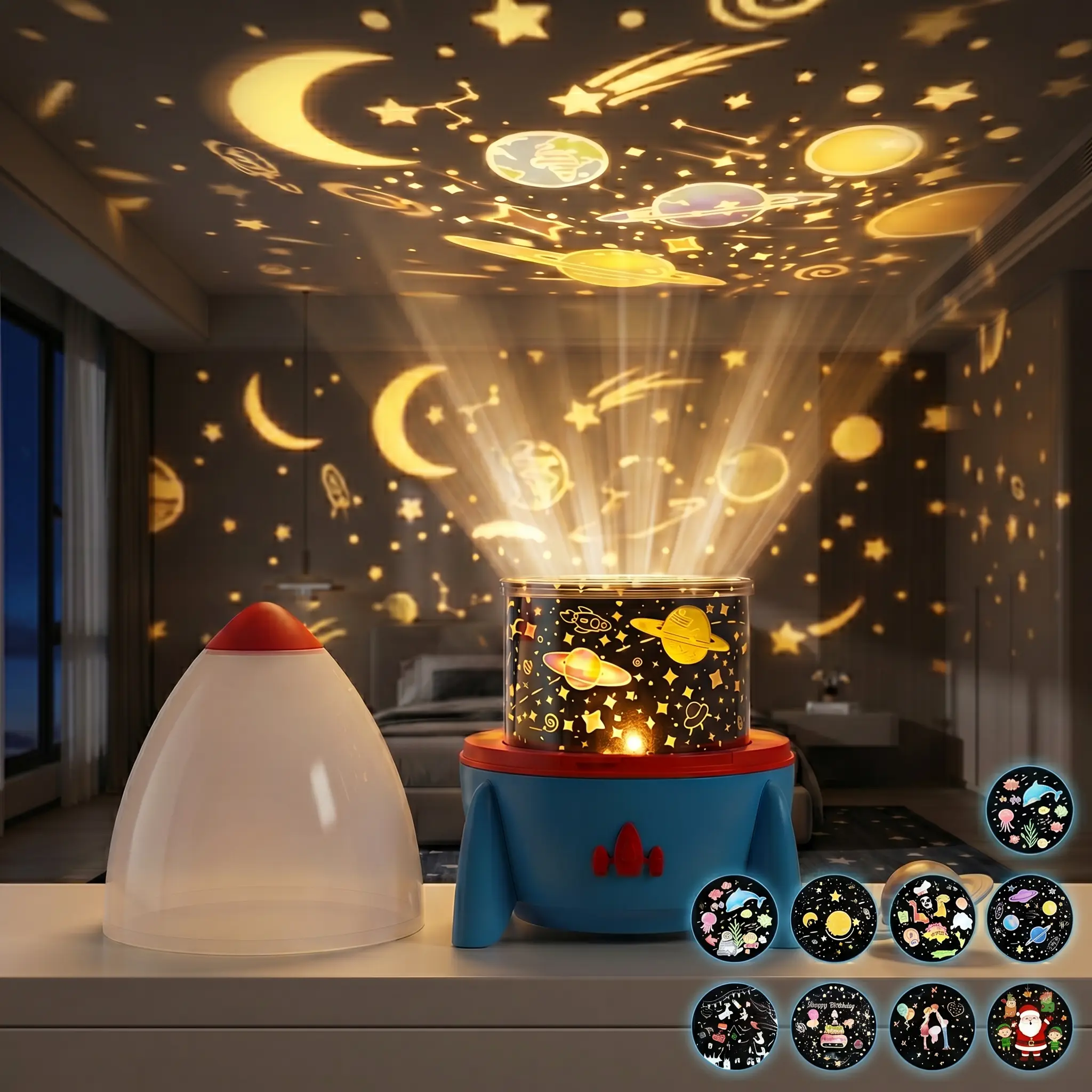 Space Theme Rocket-Shaped Rechargeable Baby Sound Machine Projector Lamp, 15 Lullabies, 315 Light Modes, 1200mAh Battery, Timer Auto-Off, Remote Control, Unisex Nursery Sleep Aid Night Light, Newborn Baby Shower Gift, Lullaby Sound