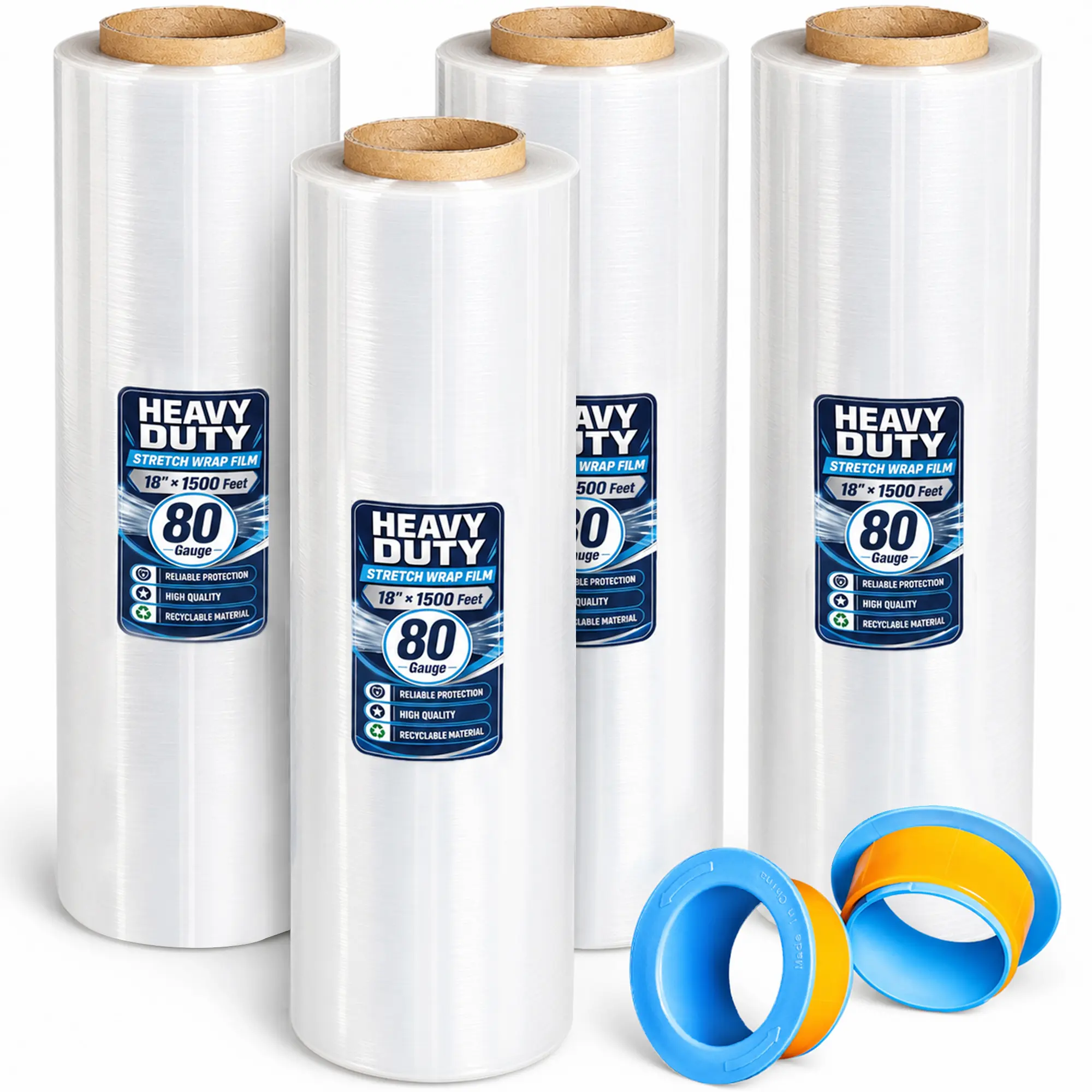 Stretch Wrap Stretch Film Roll, 1500ft Industrial Strength 18 inch Wide Clear Plastic Wrap with Handles for Pallet Wrapping Shipping Moving,80 Gauge, 4 Pack