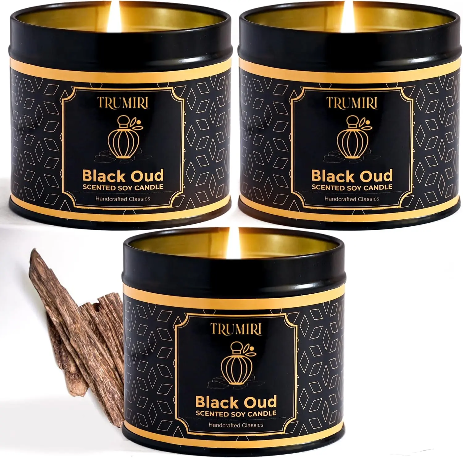 Black Oud Candle Highly Scented Soy Candel Natural Non Toxic Velas Aromáticas Gift for Men 5Oz Decorative Tin Jars with Lids Pack of 3