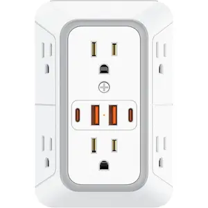 Outlet Extender, Multi Plug Wall Outlet with 6 AC Outlets and 4 USB Ports(2 USB C), 3-Sided Power Strip with Surge Protection 1050J, Spaced Outlets for Home Dorm Office Essentials, White
