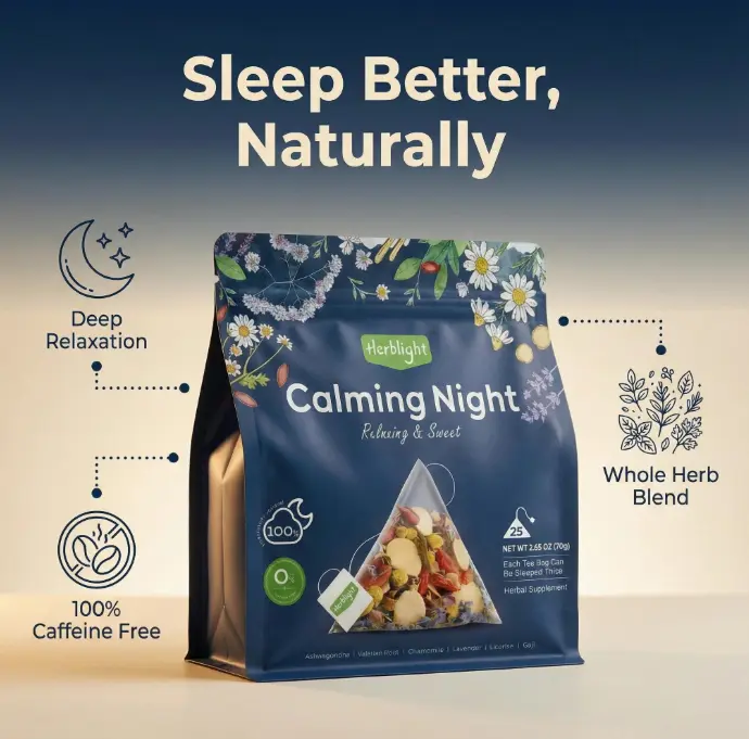 【Herblight】 Anti-Stress Sleep Supplements Anxiety Support Tea Bags - Ashwagandha, Valerian Root, Chamomile, Lavender & Licorice Natural Herbal Tea, No Flavors, Caffeine Free, Tea Bag